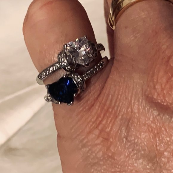 Two Heart Shaped Clear and Blue Stones Silver Tone Bands - Picture 2 of 15